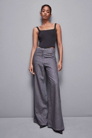 Patrizia Pepe Gray Wide Leg Low-waisted Jeans With Rhinestones Grijs | CUD680271