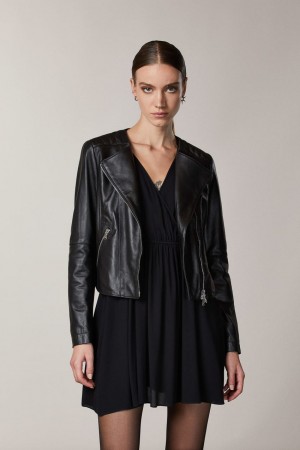 Patrizia Pepe Leather Biker Jacket With Top-stitching Zwart | WAP493012