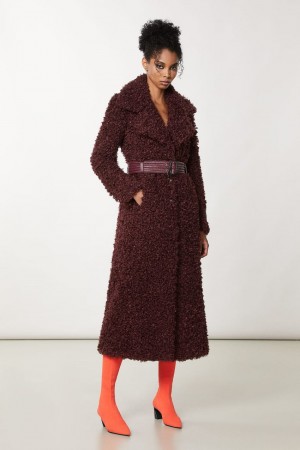 Patrizia Pepe Long Fluffy Coat With Belt Paars | QAS619705