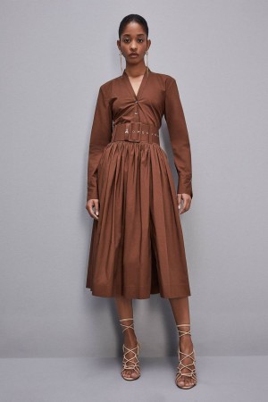 Patrizia Pepe Midi Flared Skirt With Belt Bruin | FDN360541