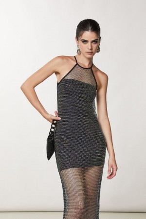 Patrizia Pepe Sleeveless Rhinestone Mesh Dress Zwart | PAI548170