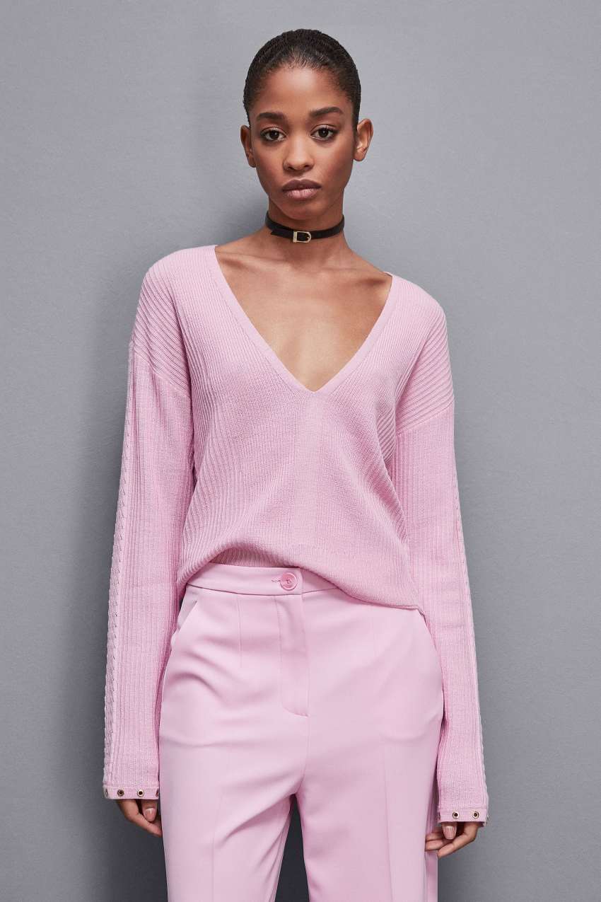 Patrizia Pepe Essential Wool Ribbed Sweater Roze | RVM826953