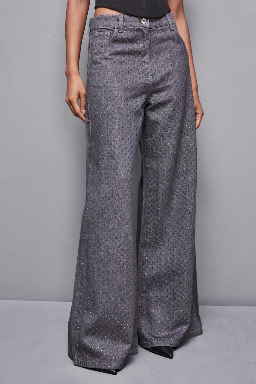 Patrizia Pepe Gray Wide Leg Low-waisted Jeans With Rhinestones Grijs | CUD680271