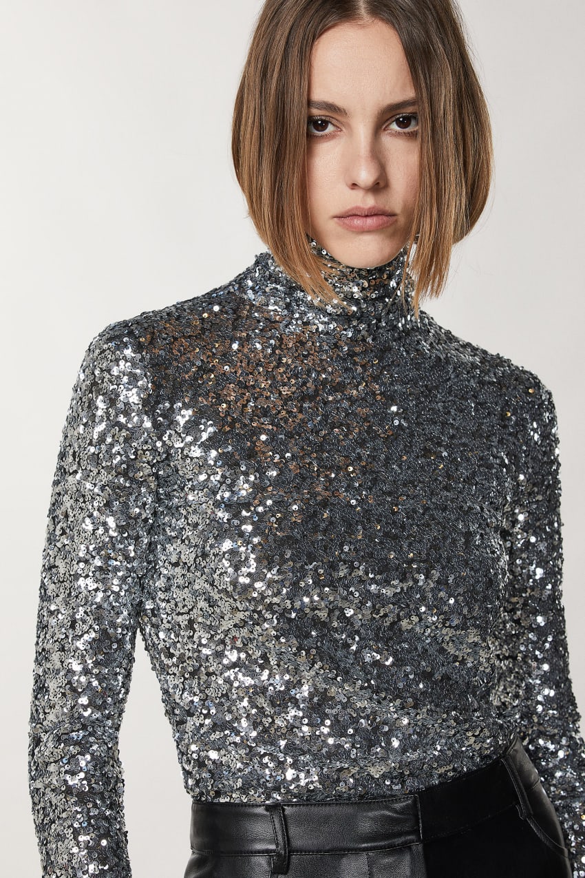 Patrizia Pepe High Neck T-shirt With Sequins Grijs | ITQ380691