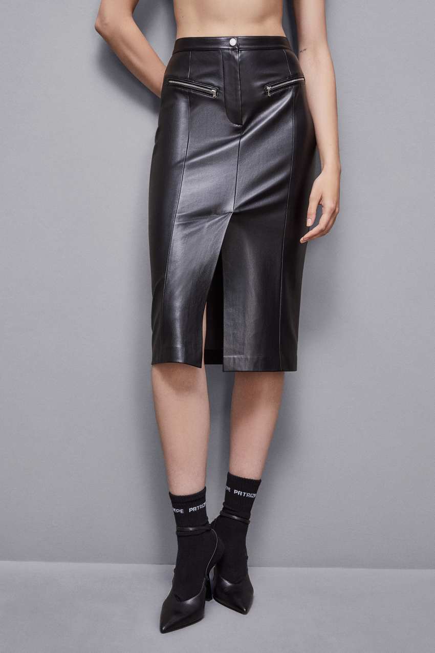 Patrizia Pepe High-waisted Midi Skirt In Faux Leather Zwart | WFK526809