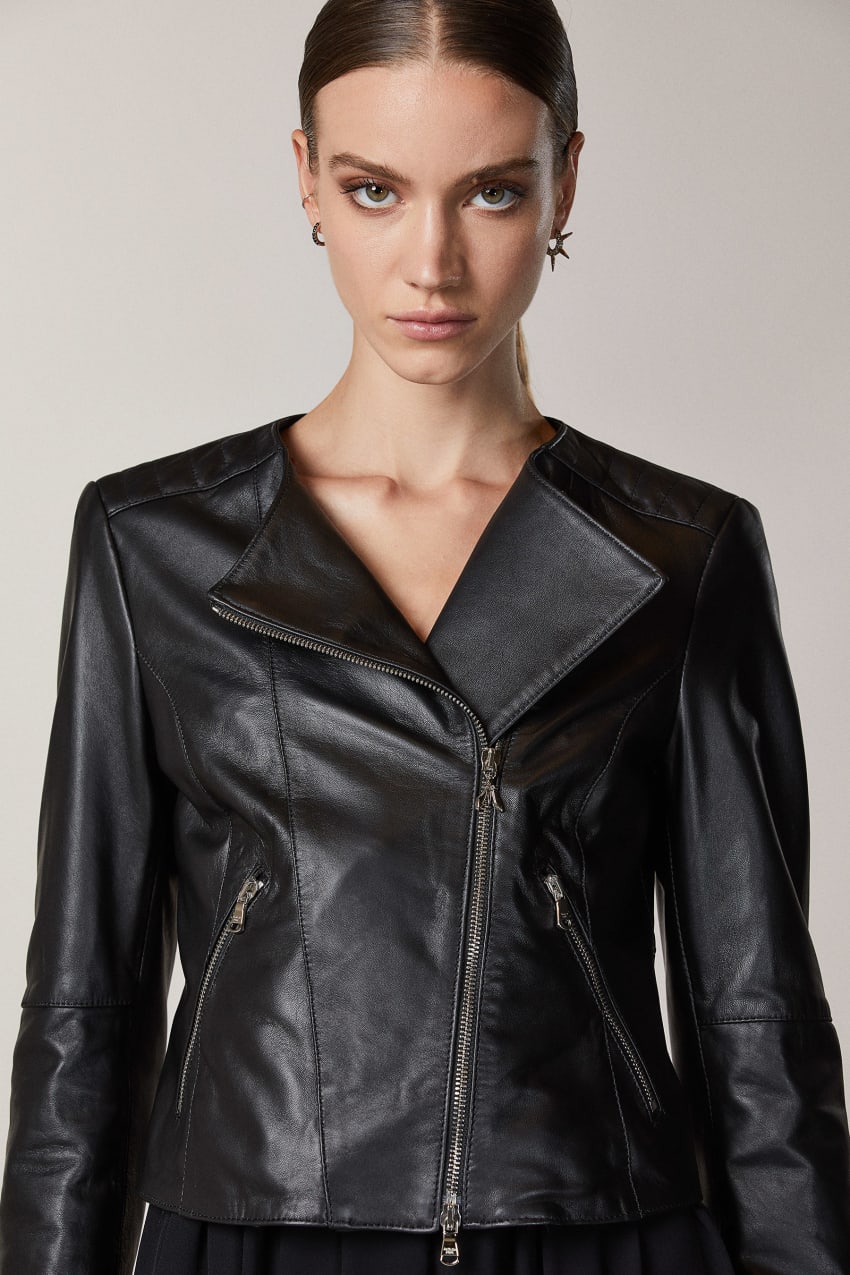 Patrizia Pepe Leather Biker Jacket With Top-stitching Zwart | WAP493012