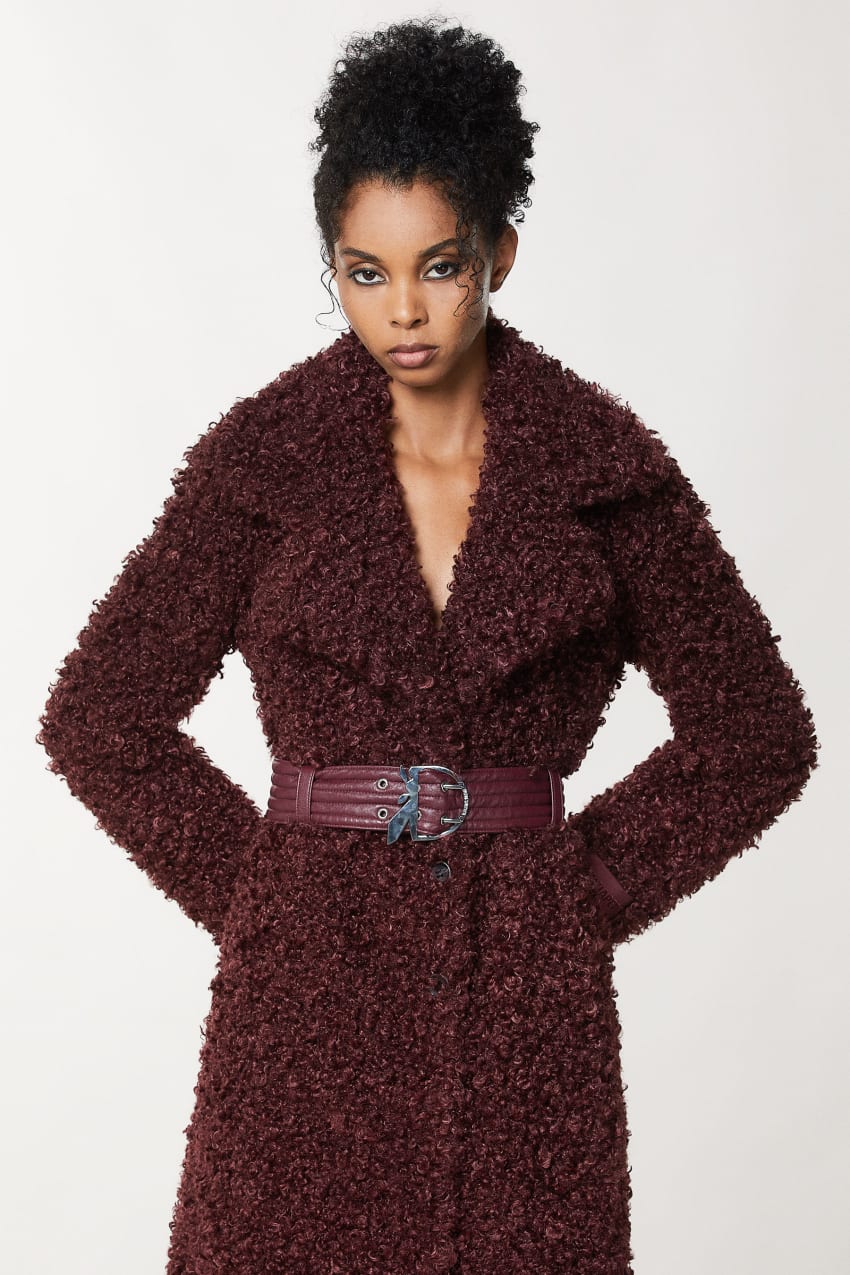 Patrizia Pepe Long Fluffy Coat With Belt Paars | QAS619705