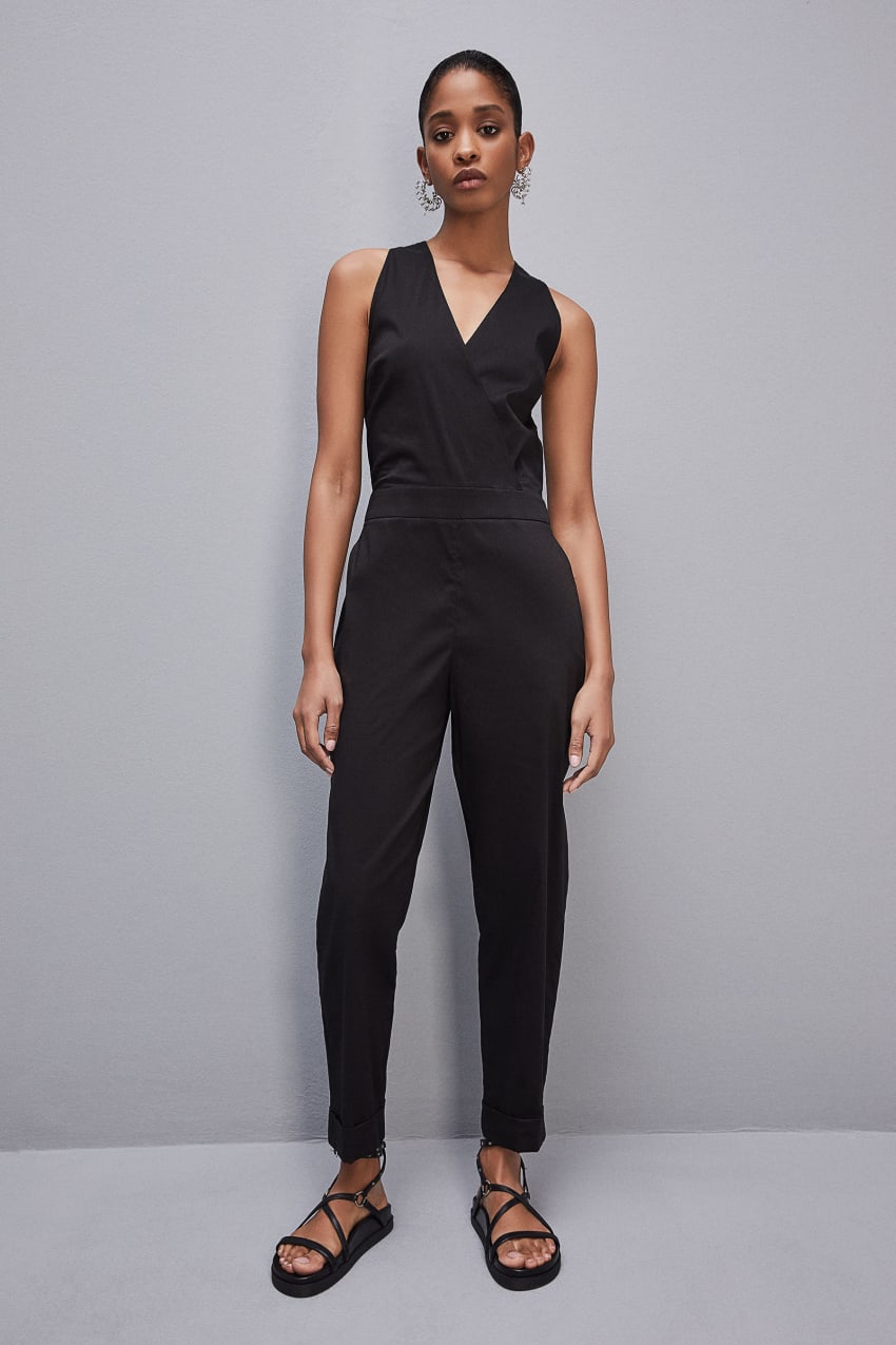 Patrizia Pepe Long Jumpsuit In Stretch Cotton-blend Poplin Zwart | WLZ457961