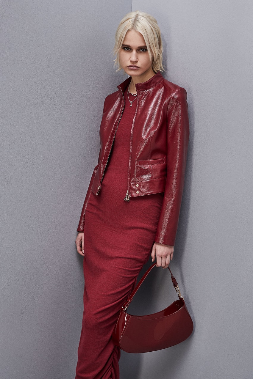 Patrizia Pepe Patent Leather Slim Biker Jacket Rood | THS398146