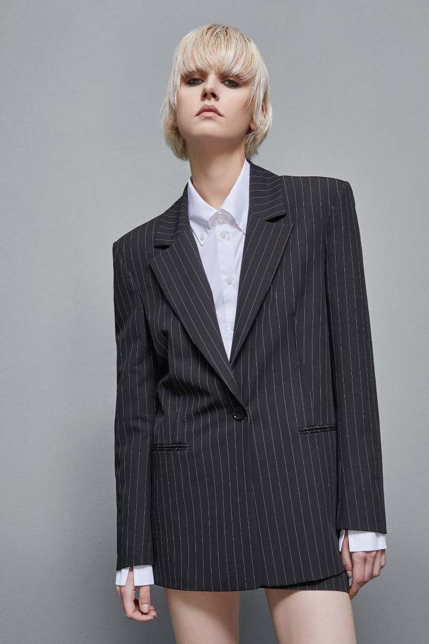 Patrizia Pepe Pinstriped One-button Flannel Blazer Zwart | FSO207893