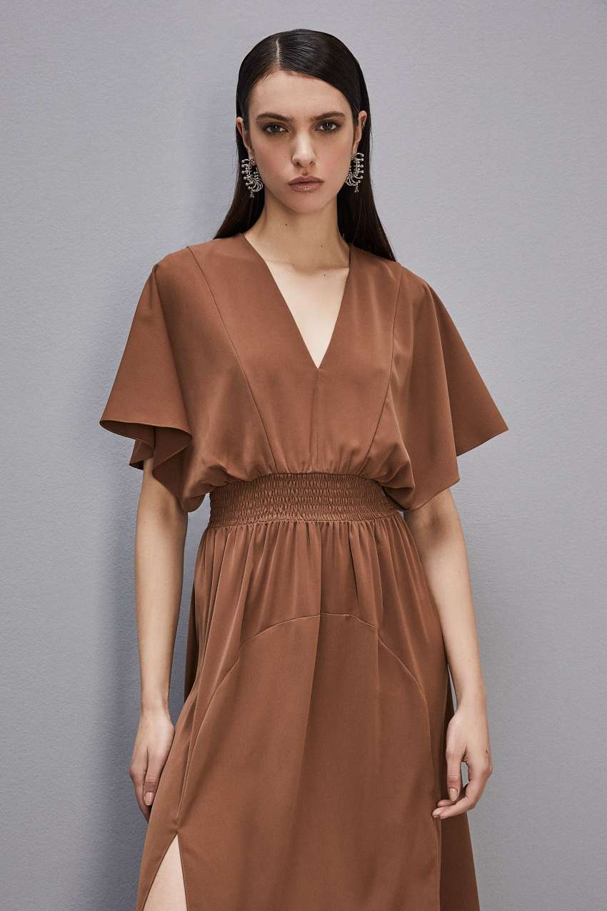 Patrizia Pepe Satin Dress With Smock Stitching Bruin | SHA743250