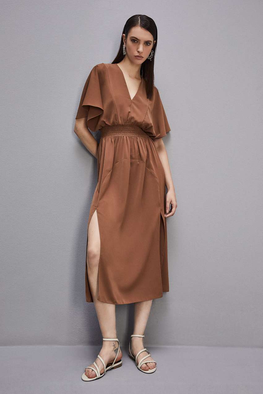 Patrizia Pepe Satin Dress With Smock Stitching Bruin | SHA743250