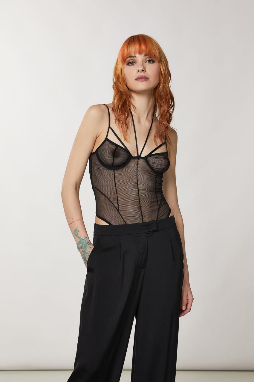 Patrizia Pepe Tulle Bodysuit Zwart | YTF018643